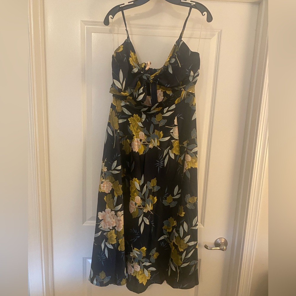 Floral Midi Dress with Tie Front & Adjustable Spaghetti Straps